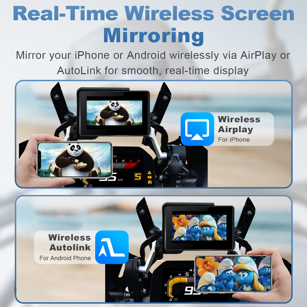 Linkifun MT3A wireless screen mirroring feature for motorcycle display, supporting AirPlay and AutoLink to stream videos, navigation, and apps hands-free.