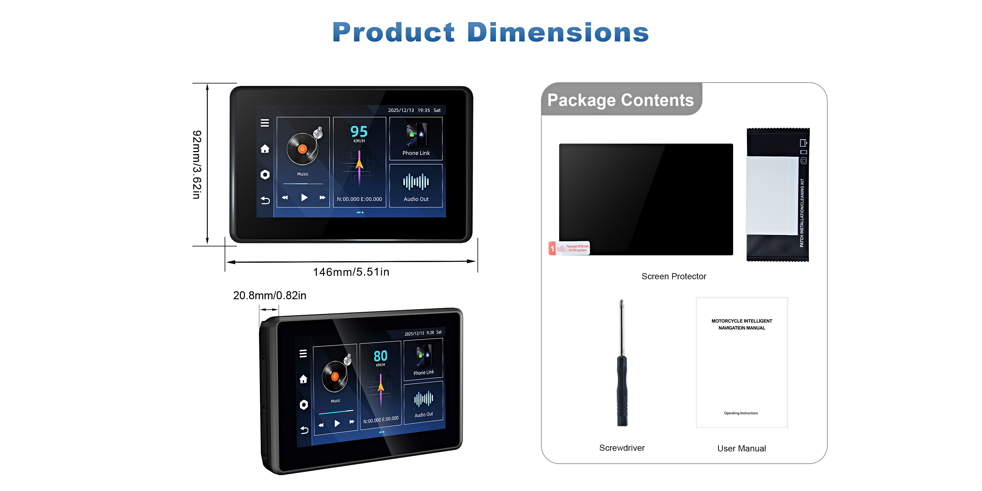 Linkifun MT3C BMW motorcycle display showing product dimensions and package contents, including screen size and included accessories.