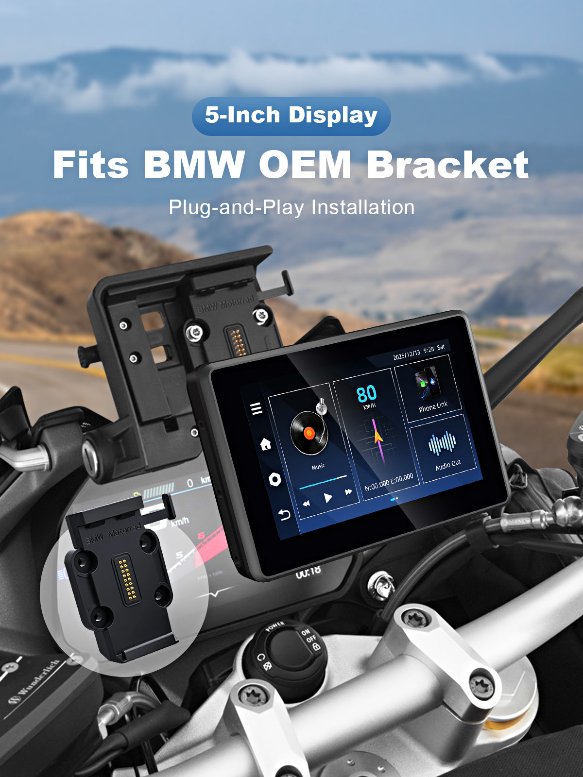 Linkifun MT3C BMW motorcycle display with plug-and-play installation for OEM bracket, operated via touchscreen and not supporting Wonder Wheel control.