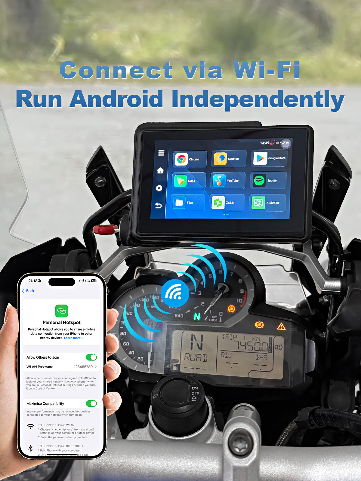Linkifun MT3C BMW motorcycle display supporting Wi-Fi internet connectivity via mobile hotspot or external Wi-Fi networks for online apps and navigation.