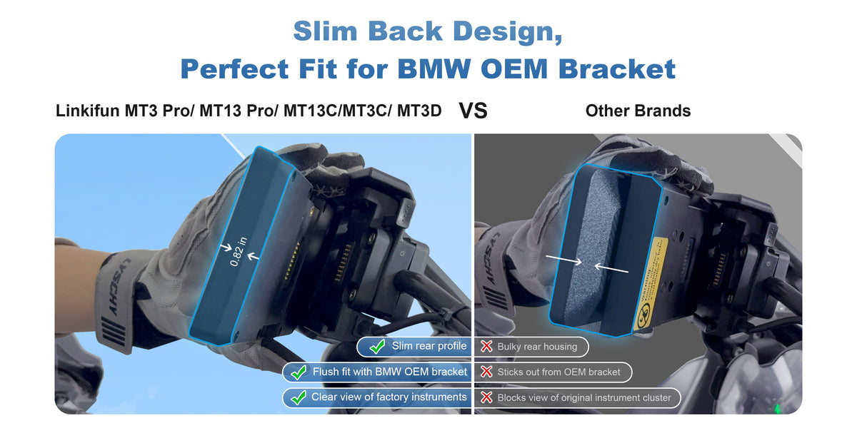 Before comparison showing other BMW motorcycle displays with bulky rear design that protrudes from the OEM bracket and obstructs the instrument view.