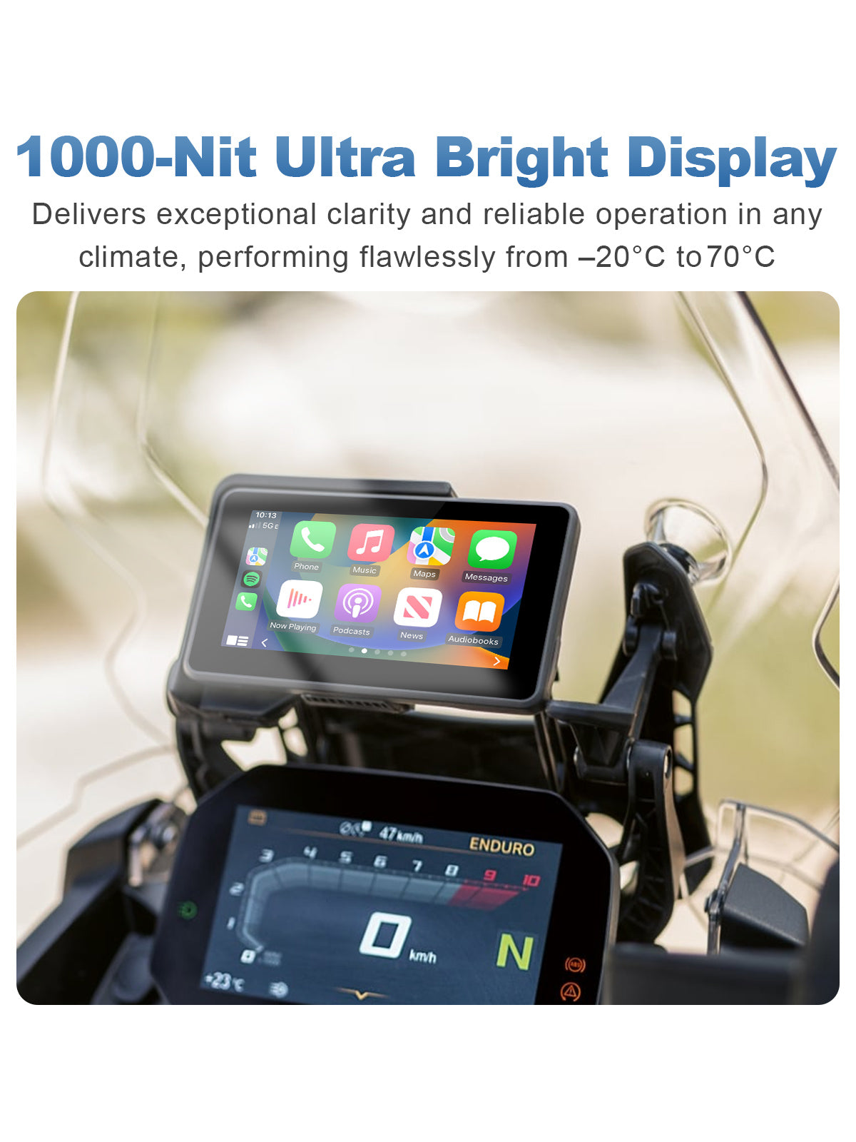Linkifun MT3 Pro BMW motorcycle display with 1000-nit high-brightness screen, delivering clear visibility and stable performance from –20 °C to 70 °C.