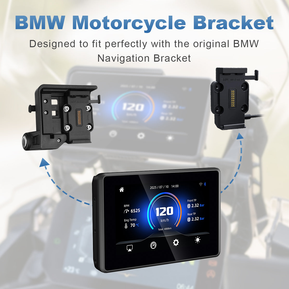 Linkifun MT3 Pro BMW motorcycle display compatible with OEM bracket, offering perfect fit and easy installation without additional adapters.