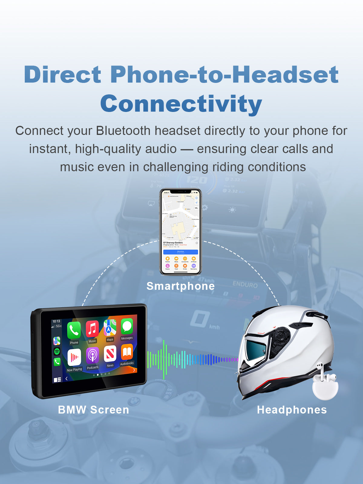 Linkifun MT3 Pro BMW motorcycle display featuring direct phone-to-headset connectivity, providing clearer and more stable audio for calls and music during rides.