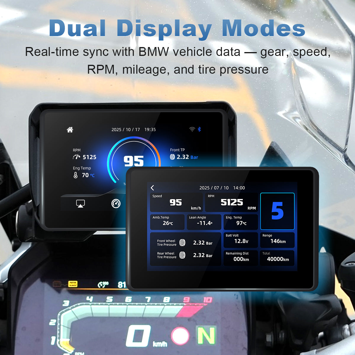 Linkifun MT3 Pro BMW motorcycle display featuring dual display modes and synchronized live vehicle information such as speed, gear, RPM, mileage, and tire pressure.
