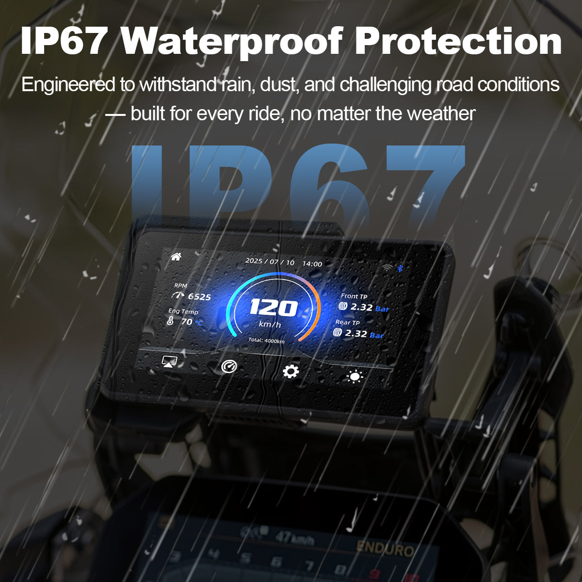 Linkifun MT3 Pro BMW motorcycle display featuring IP67 waterproof and dustproof protection for dependable all-weather performance.