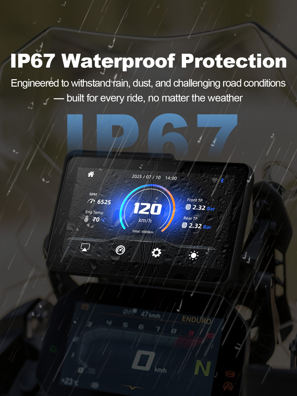 Linkifun MT13 Pro BMW Motorcycle Display with IP67 waterproof protection, ensuring durability against rain, dust, and harsh weather conditions.