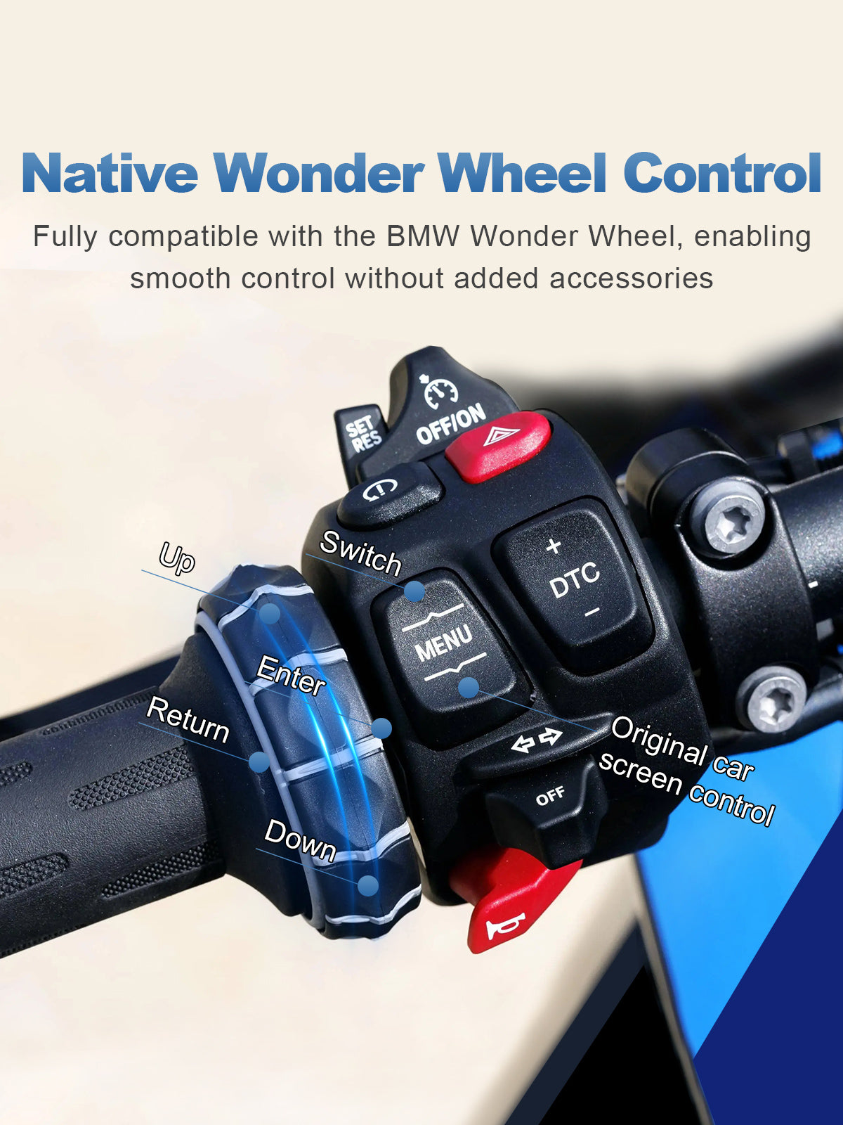 Linkifun MT3 Pro BMW motorcycle display featuring native Wonder Wheel control, enabling seamless operation of CarPlay, Android Auto, and system functions without extra accessories.