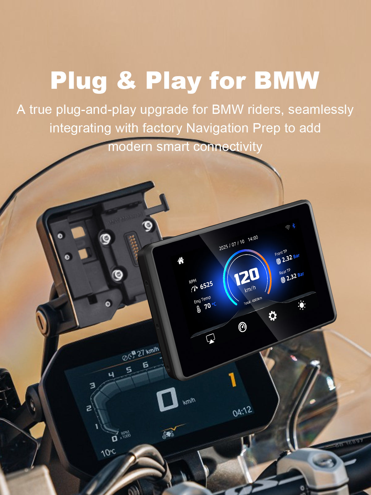 Linkifun MT3 Pro BMW motorcycle display featuring plug-and-play installation, automatically connecting with the motorcycle system and supporting Wonder Wheel control.