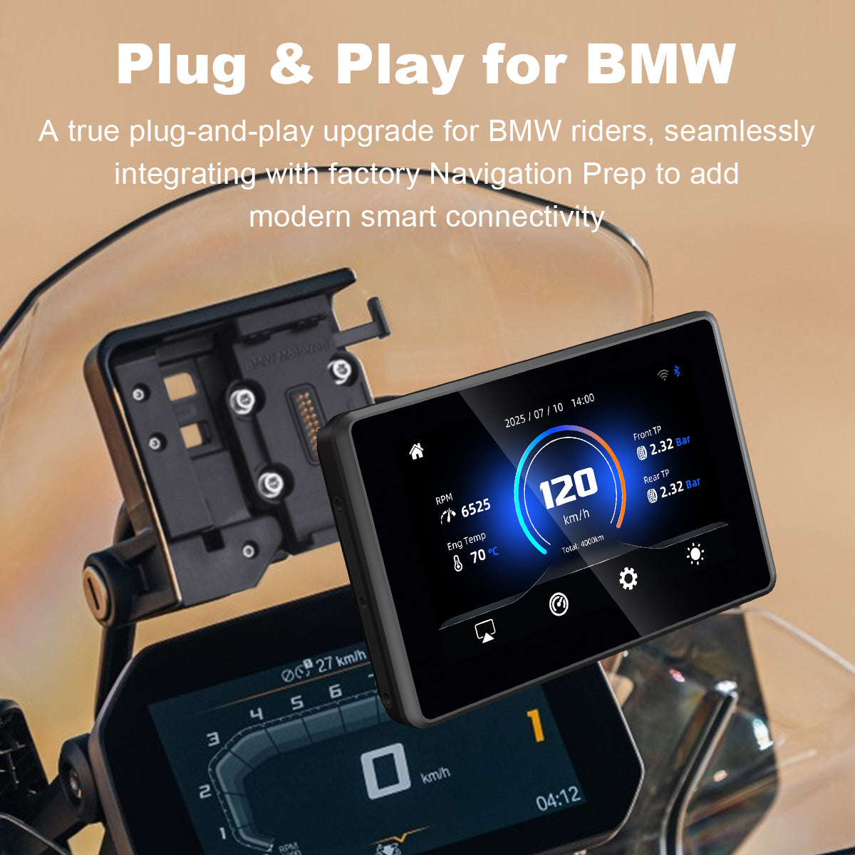 Linkifun MT3 Pro BMW motorcycle display compatible with OEM bracket, offering perfect fit and easy installation without additional adapters.