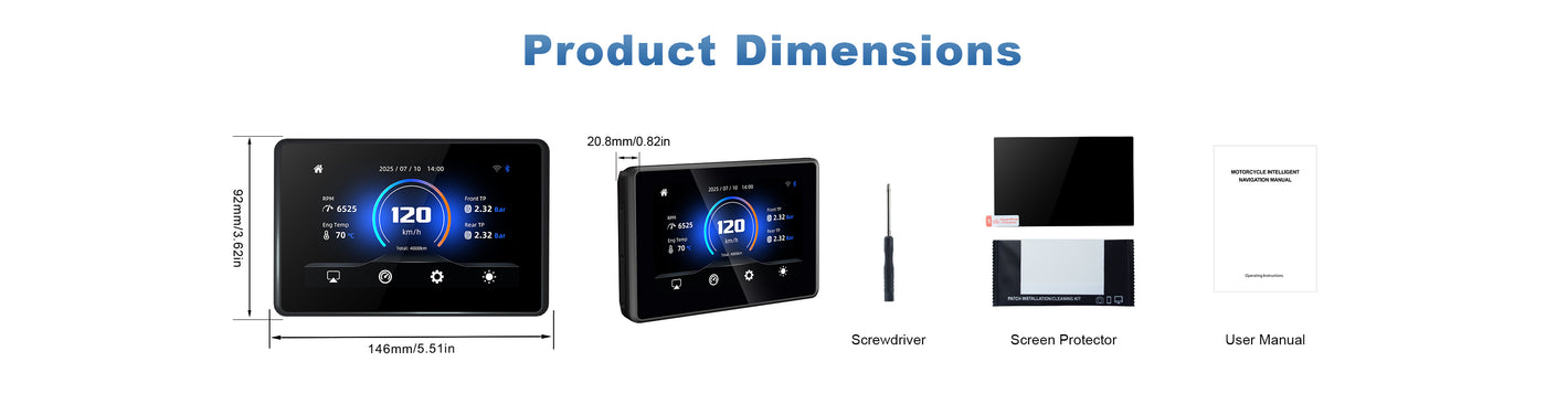 Linkifun MT3 Pro BMW motorcycle display product dimensions and package contents overview, showing size specifications and included accessories.