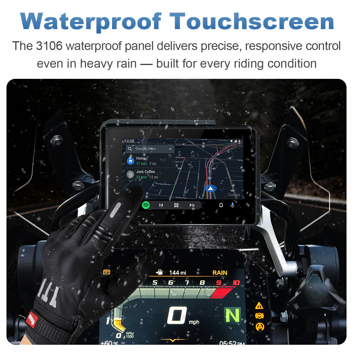 Linkifun MT3 Pro BMW motorcycle display with waterproof touchscreen, maintaining responsive control in rain and all-weather conditions.