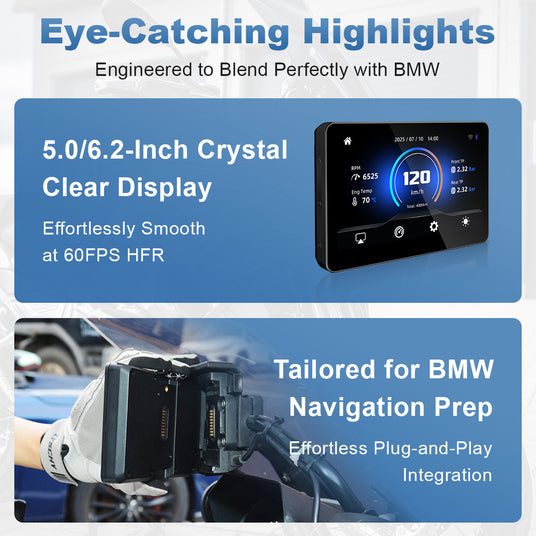 Linkifun MT3 Pro/ MT13 Pro BMW motorcycle display with plug-and-play installation and 60FPS HFR mirroring for smooth screen performance.