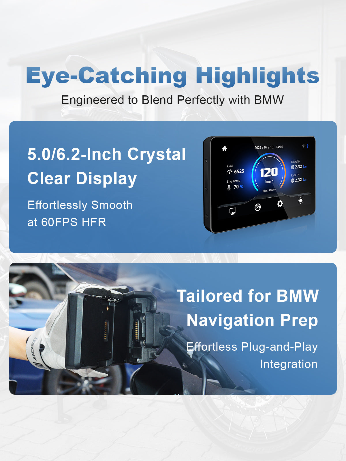 Linkifun MT3 Pro/ MT13 Pro BMW motorcycle display with plug-and-play installation and 60FPS HFR mirroring for smooth screen performance.