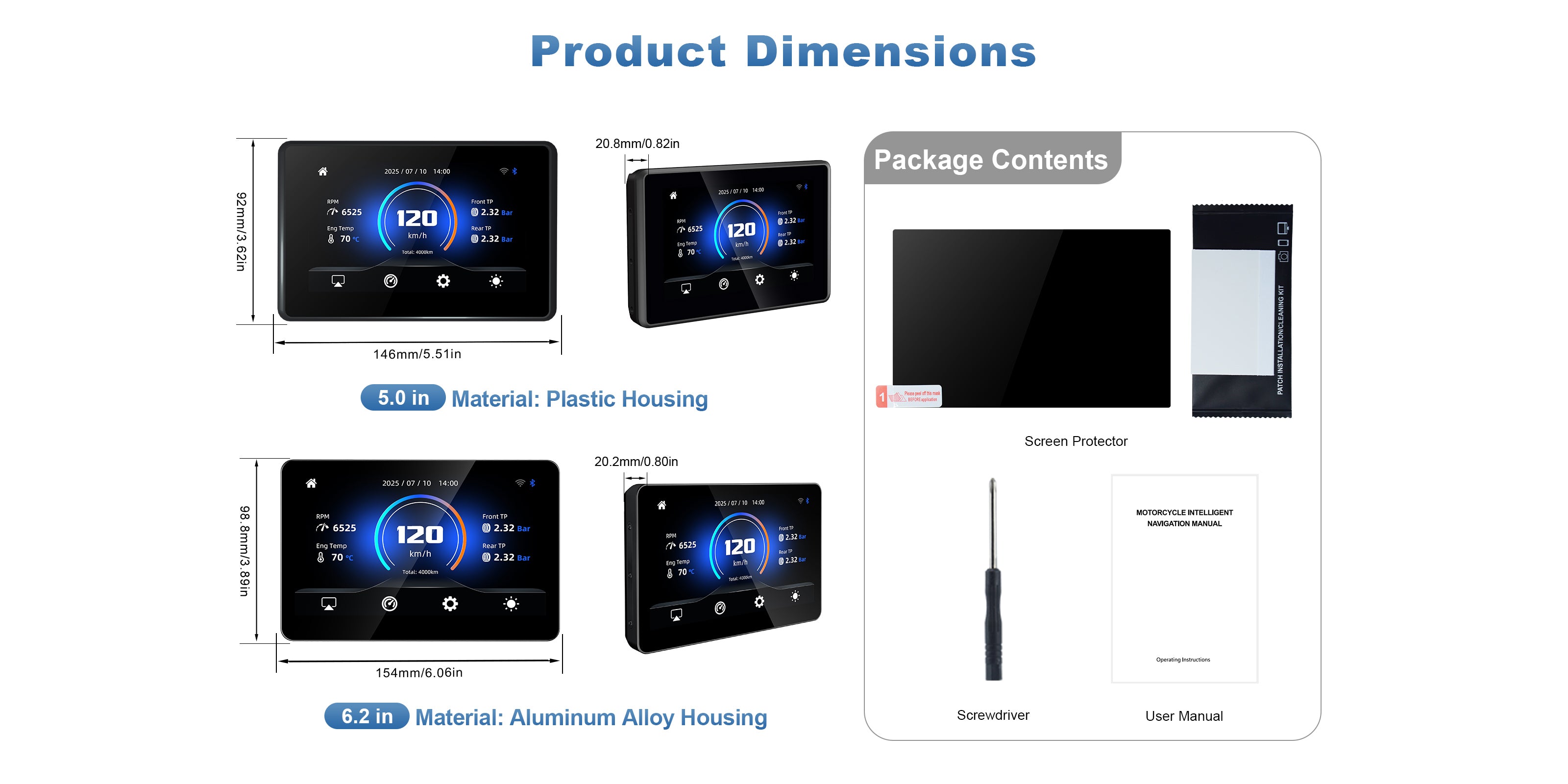 Linkifun MT3 Pro/ MT13 Pro BMW motorcycle display product dimensions and package contents overview, showing size specifications and included accessories.