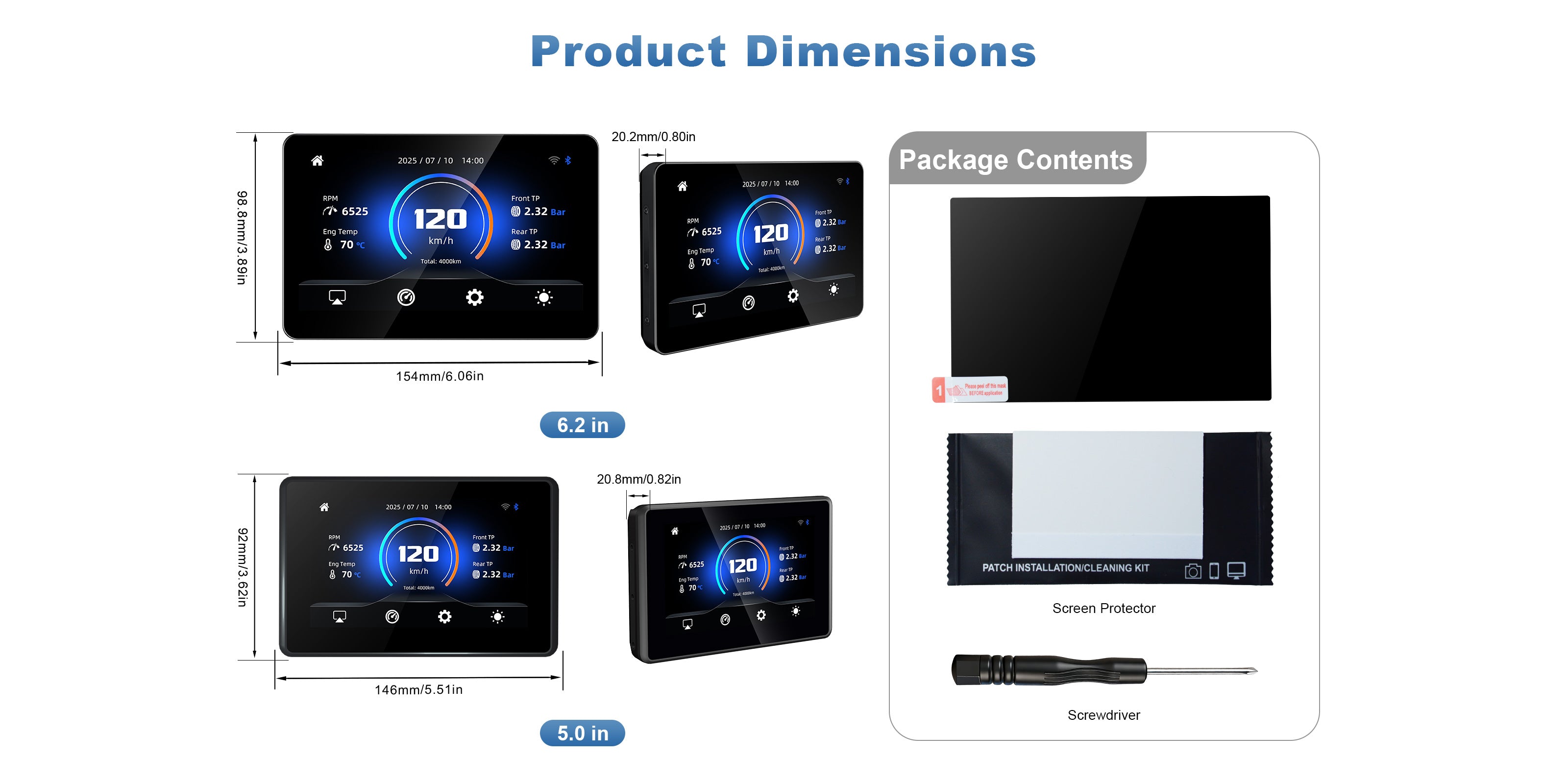 Linkifun MT3 Pro/ MT13 Pro BMW motorcycle display product dimensions and package contents overview, showing size specifications and included accessories.