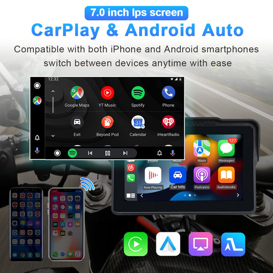 Linkifun 7-inch motorcycle display with wireless CarPlay and Android Auto, featuring DVR and TPMS for smart navigation and ride monitoring