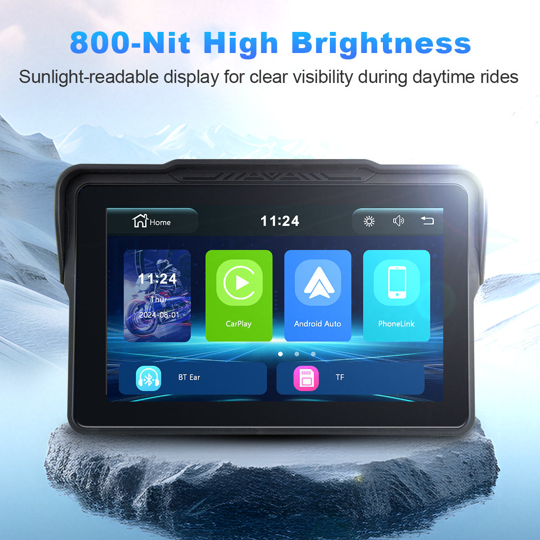 Motorcycle display with 800 nits brightness for sunlight-readable visibility in outdoor conditions
