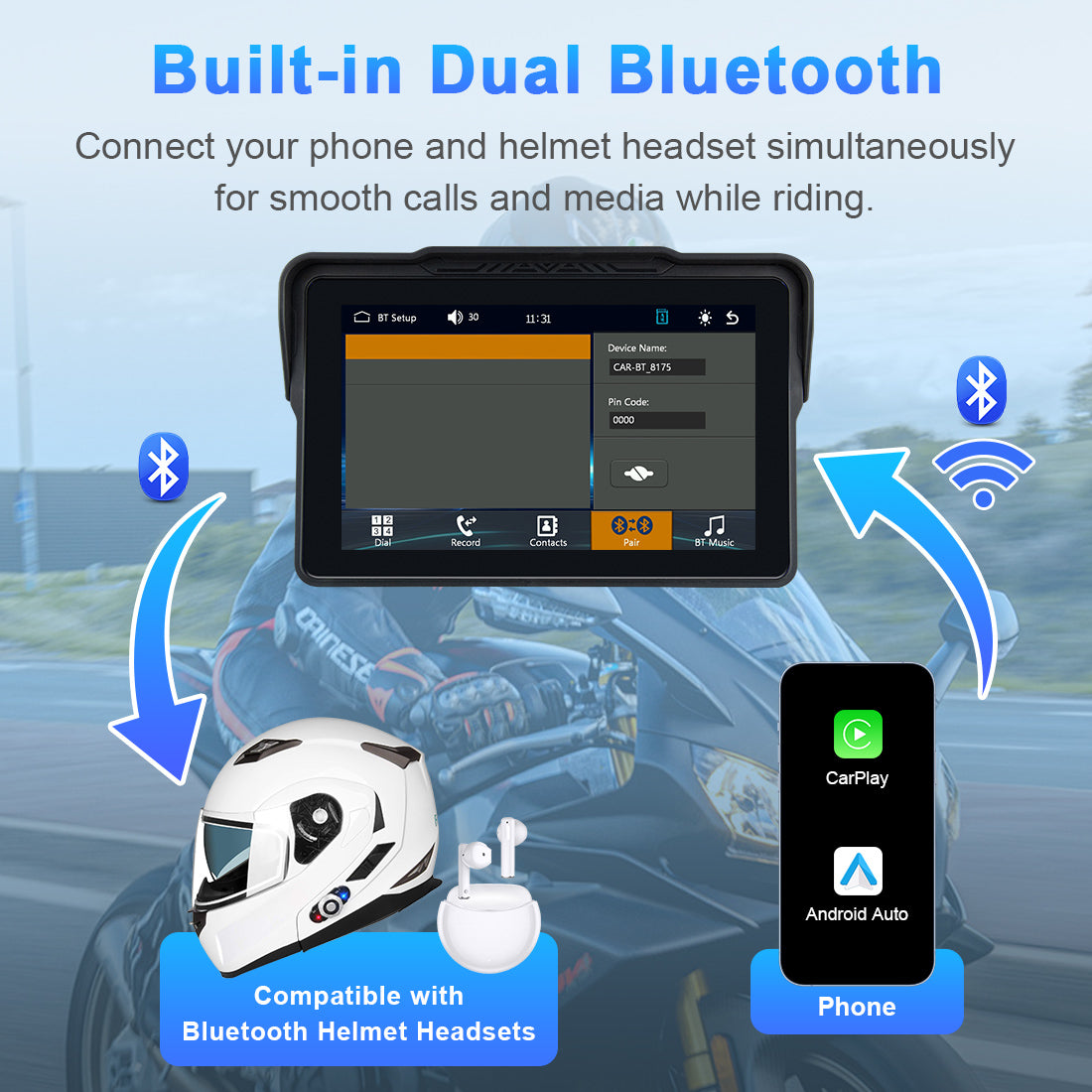 Motorcycle display supporting dual Bluetooth connection for smartphone and helmet headset simultaneously