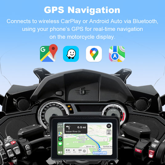 Motorcycle screen showing real-time GPS navigation from smartphone via wireless CarPlay or Android Auto