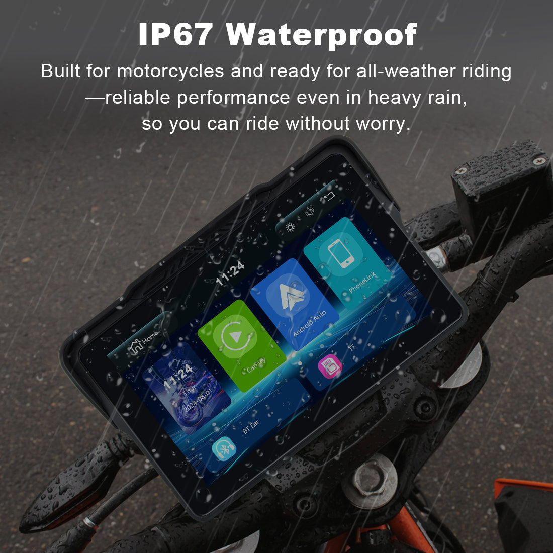 IP67 waterproof motorcycle screen built for rain, mud, and all-weather riding conditions