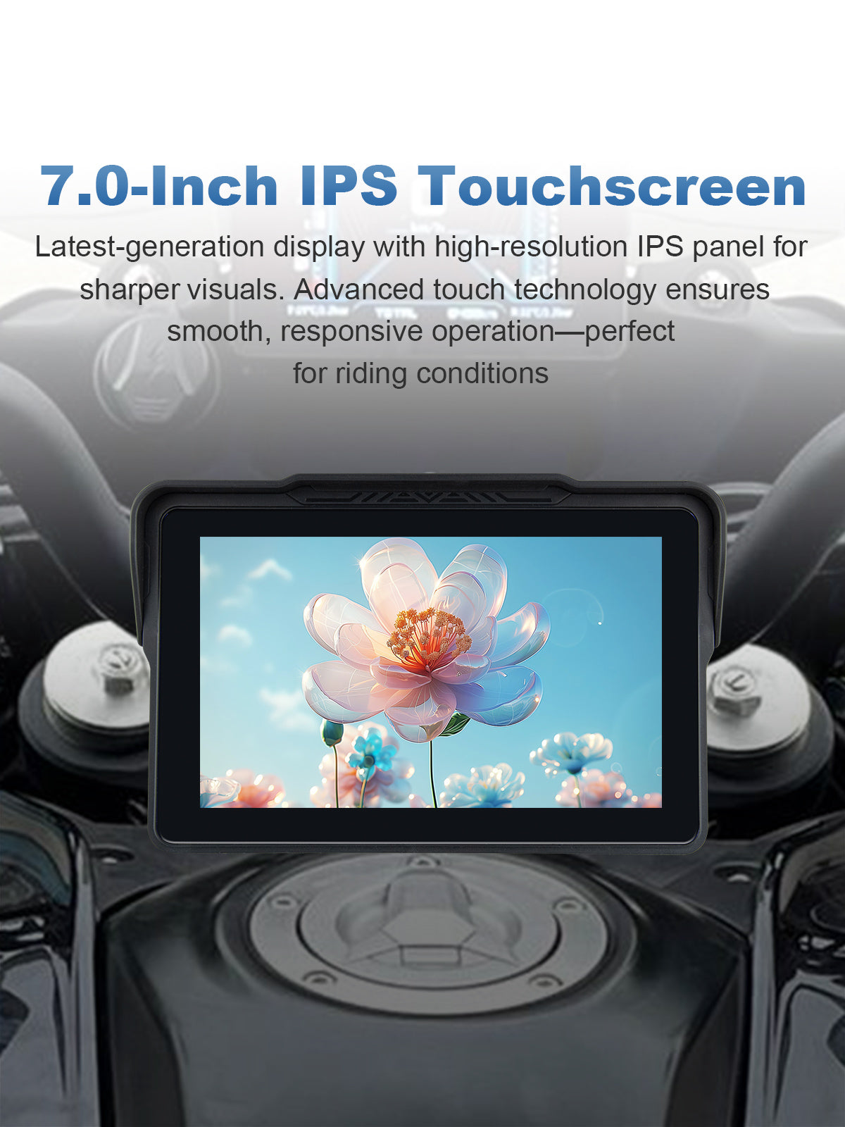 Linkifun MT4 motorcycle navigation screen with 7.0-inch IPS display, sharp visuals, wide viewing angles, and smooth glove-friendly touchscreen controls for outdoor riding