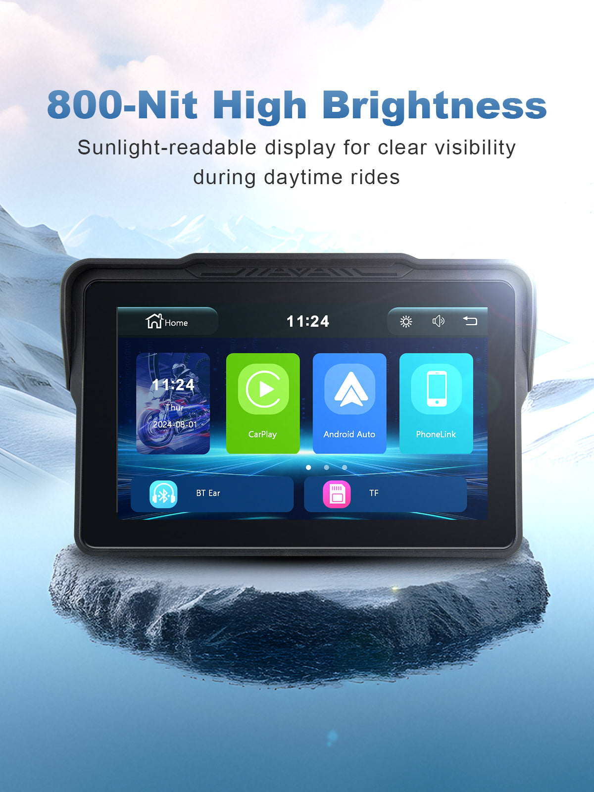 Linkifun MT4 motorcycle navigation screen with 800 nits high-brightness display for clear daylight visibility, delivering sharp and vivid visuals in all environments