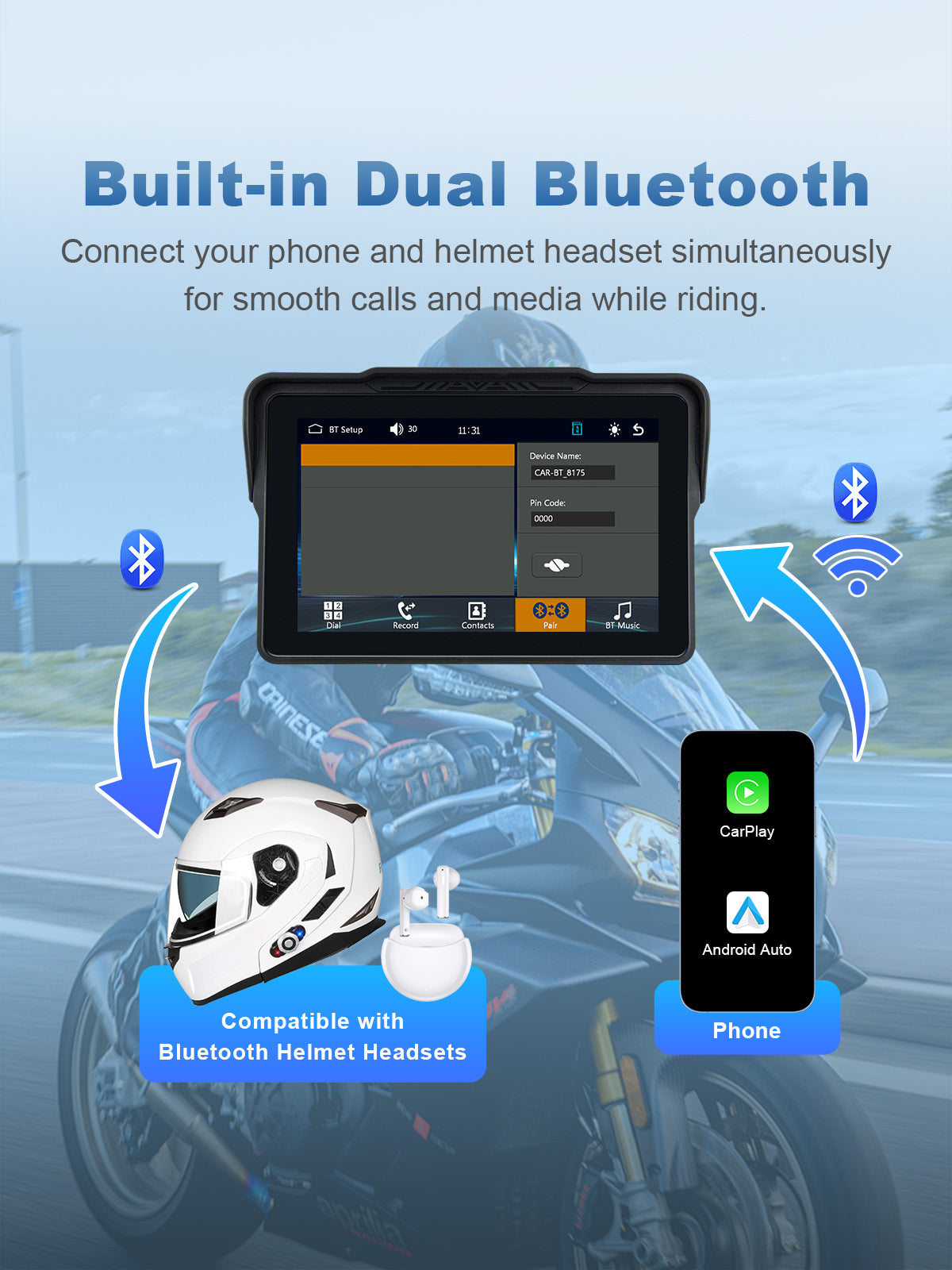 Linkifun MT4 motorcycle navigation screen with built-in dual Bluetooth for simultaneous smartphone and helmet headset connection, enabling calls, music streaming, and navigation prompts without switching devices