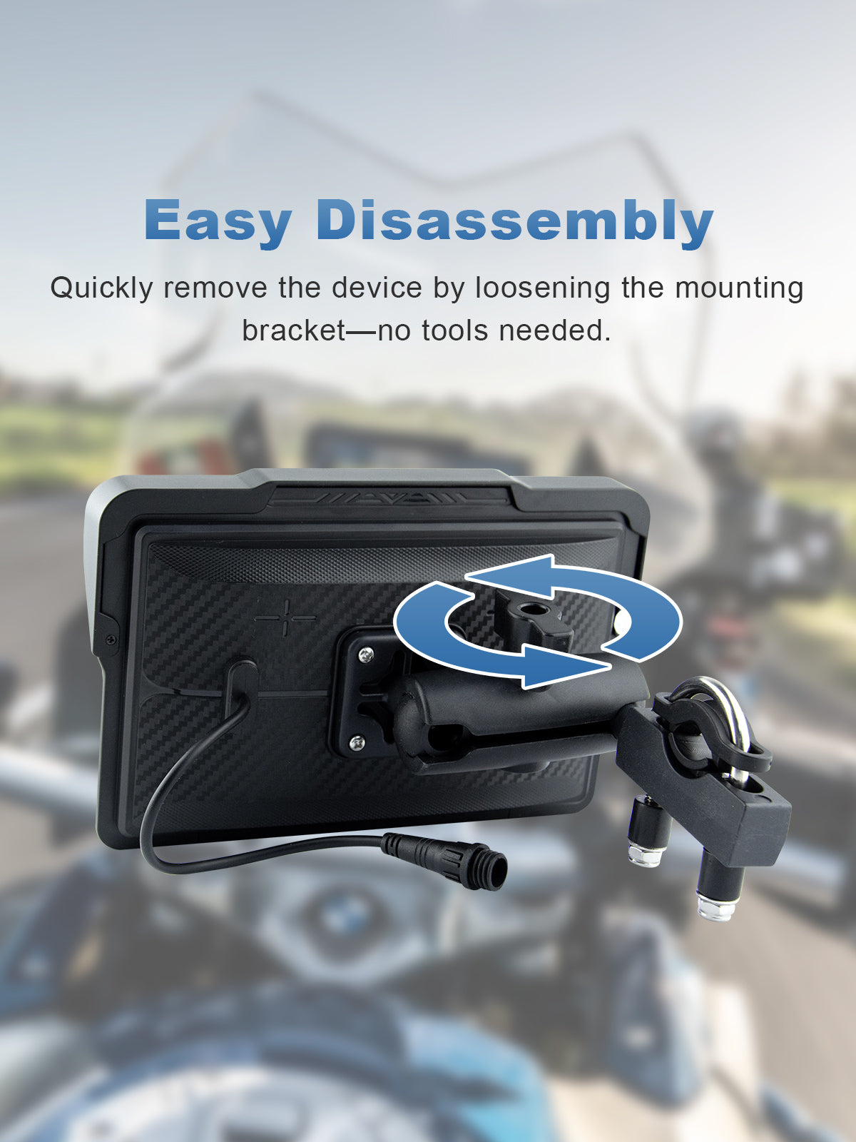 Linkifun MT4 motorcycle navigation screen with quick-release plastic mount for easy tool-free disassembly and secure installation