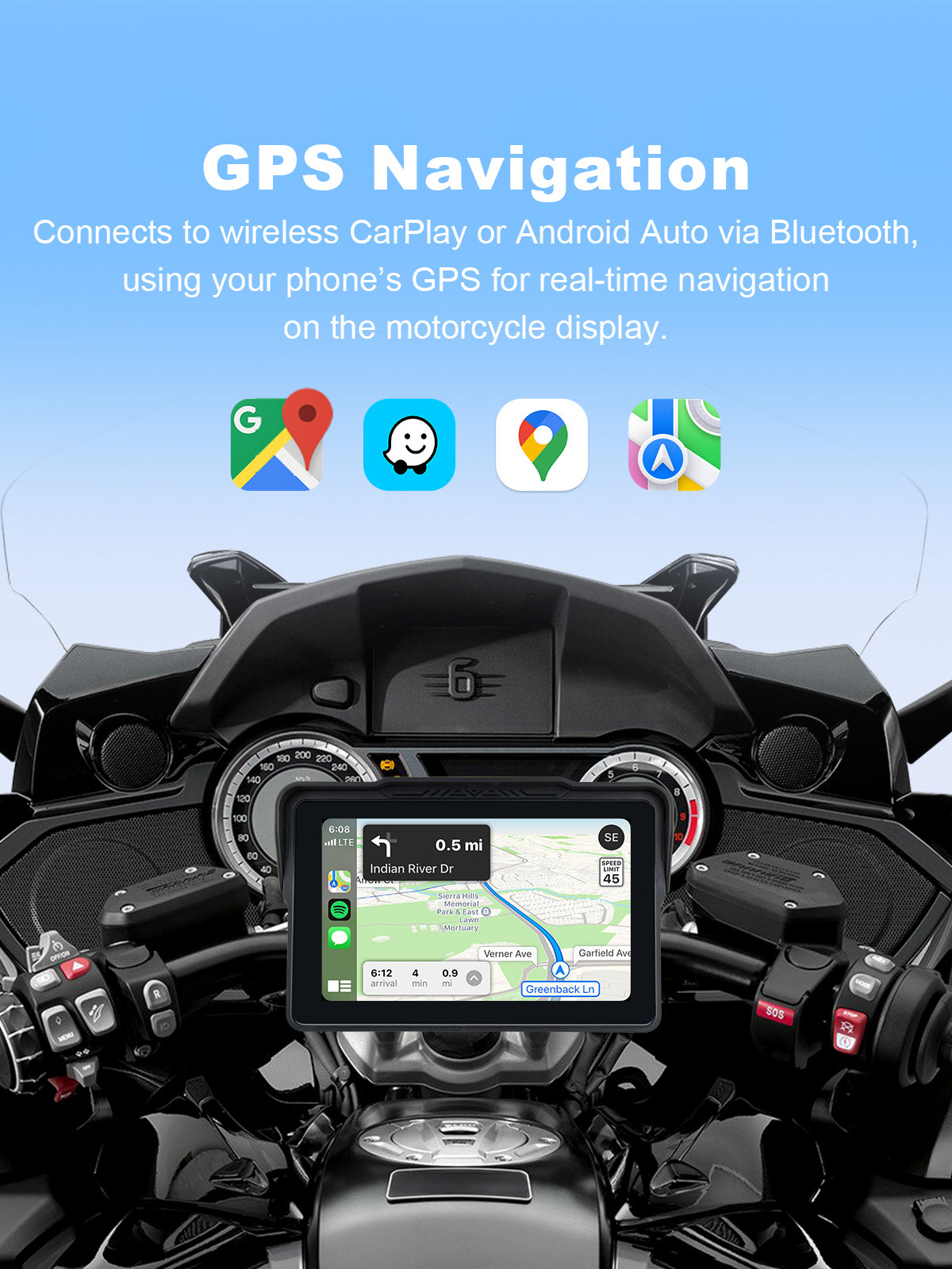 Linkifun MT4 motorcycle navigation screen with real-time GPS navigation via wireless CarPlay and Android Auto, projecting Google Maps or Apple Maps for safe hands-free riding
