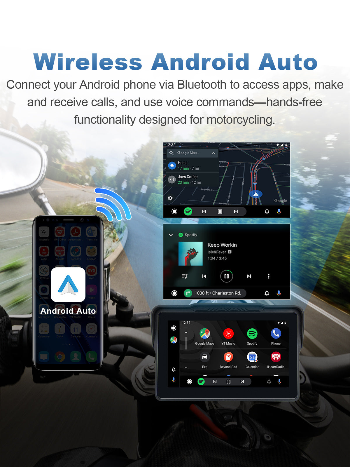 Linkifun MT4 motorcycle navigation screen with wireless Android Auto for Android users, enabling Google Maps navigation, Google Assistant, music apps, and hands-free calls