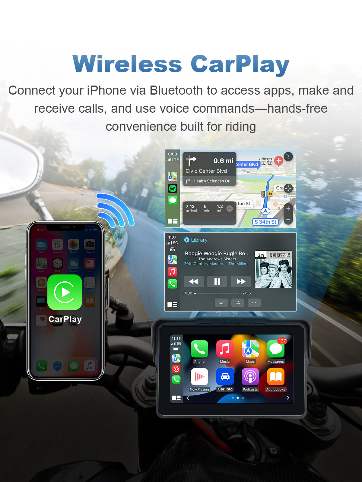 Linkifun MT4 motorcycle navigation screen with wireless Apple CarPlay for iPhone users, supporting Apple Maps, Siri voice commands, music streaming, and calls