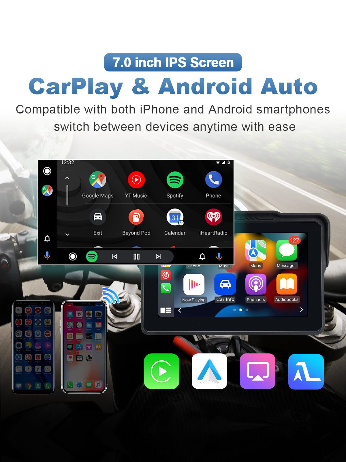 Linkifun MT4 motorcycle navigation screen with wireless CarPlay and Android Auto on a 7.0-inch IPS display for hands-free navigation, music, calls, and voice control