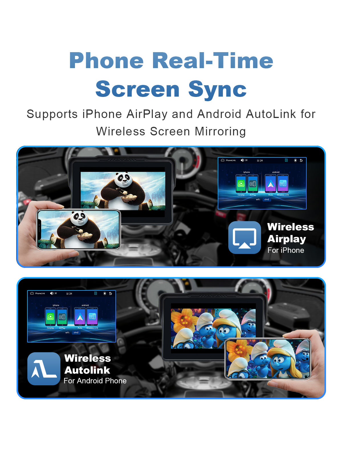 Linkifun MT4 motorcycle navigation screen with wireless screen mirroring via AirPlay for iPhone and AutoLink for Android to display GPS apps, videos, ride stats, and media content