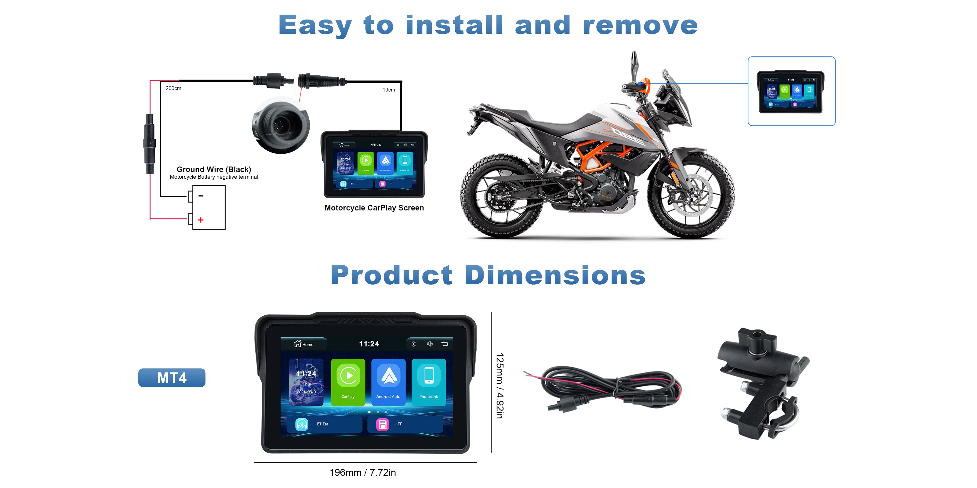 Linkifun MT4 motorcycle navigation screen wiring installation diagram with step-by-step cable connection guide for easy setup