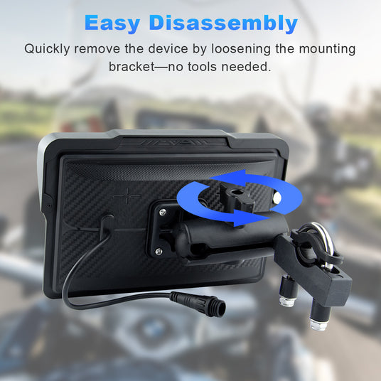 Motorcycle navigation screen with plastic quick-release mount for fast and easy disassembly