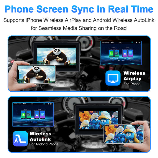 Motorcycle navigation screen wirelessly mirroring iPhone or Android via AirPlay or AutoLink, displaying GPS and media content