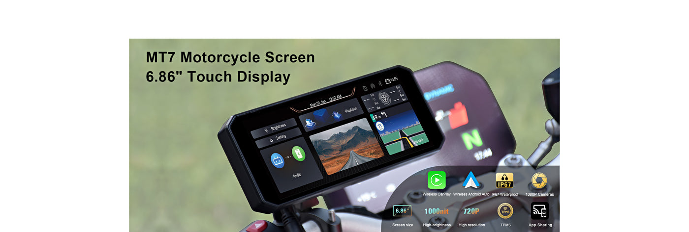 Linkifun MT7 6.86-inch Motorcycle Navigation Screen with Wireless CarPlay & Android Auto, IP67 Waterproof, 1000nit Brightness, and App Sharing