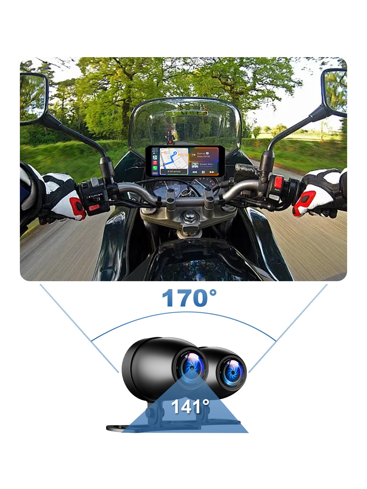 Linkifun MT7 motorcycle dash cam with 170-degree dual cameras, 141-degree wide-angle lens, and adjustable vertical pivot for enhanced rear and front visibility
