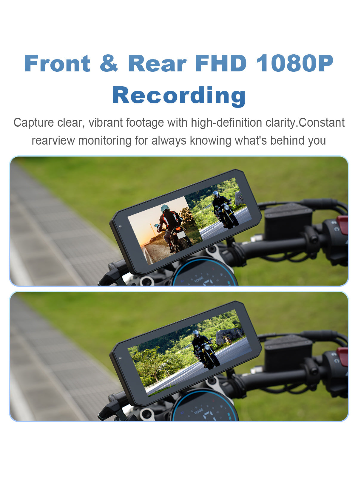 Linkifun MT7 motorcycle dash cam with simultaneous front and rear 1080P recording and 1000 nits high brightness display for complete ride coverage
