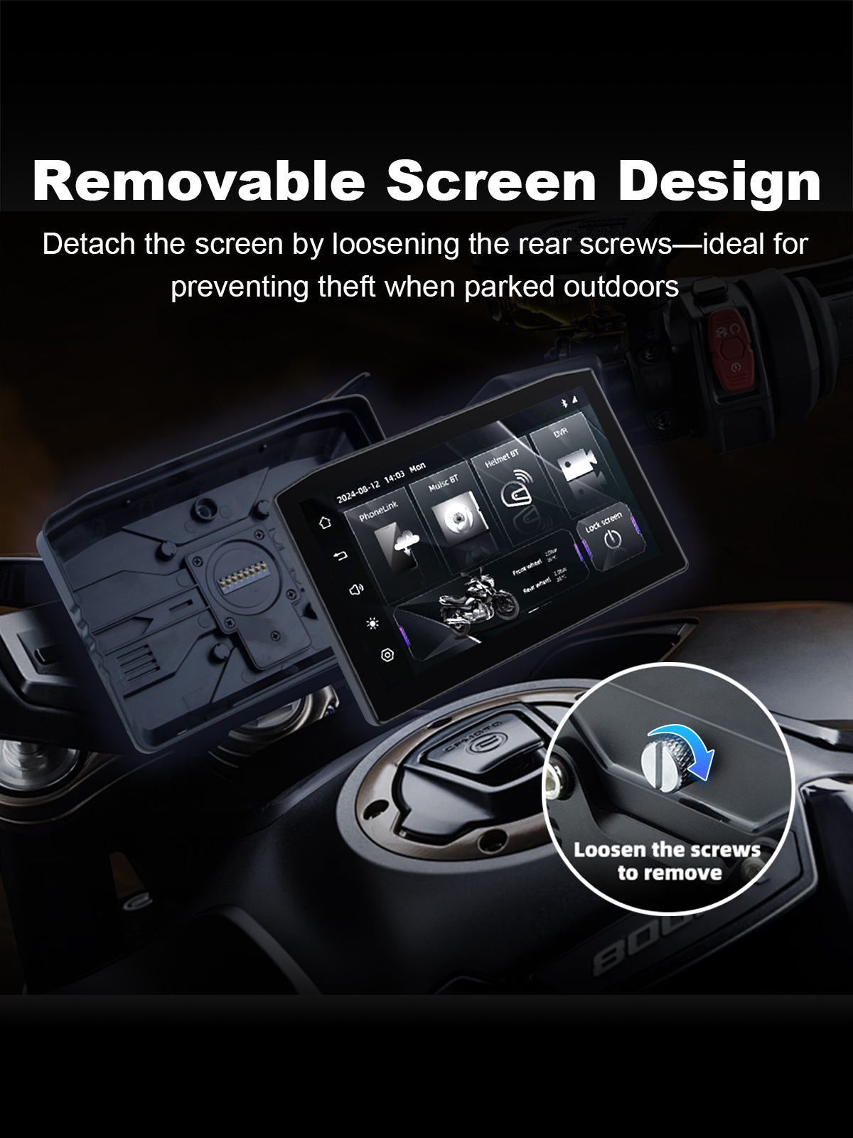 Linkifun MT8 motorcycle navigation screen with anti-theft removable design, allowing easy detachment of the display for added security in public parking areas
