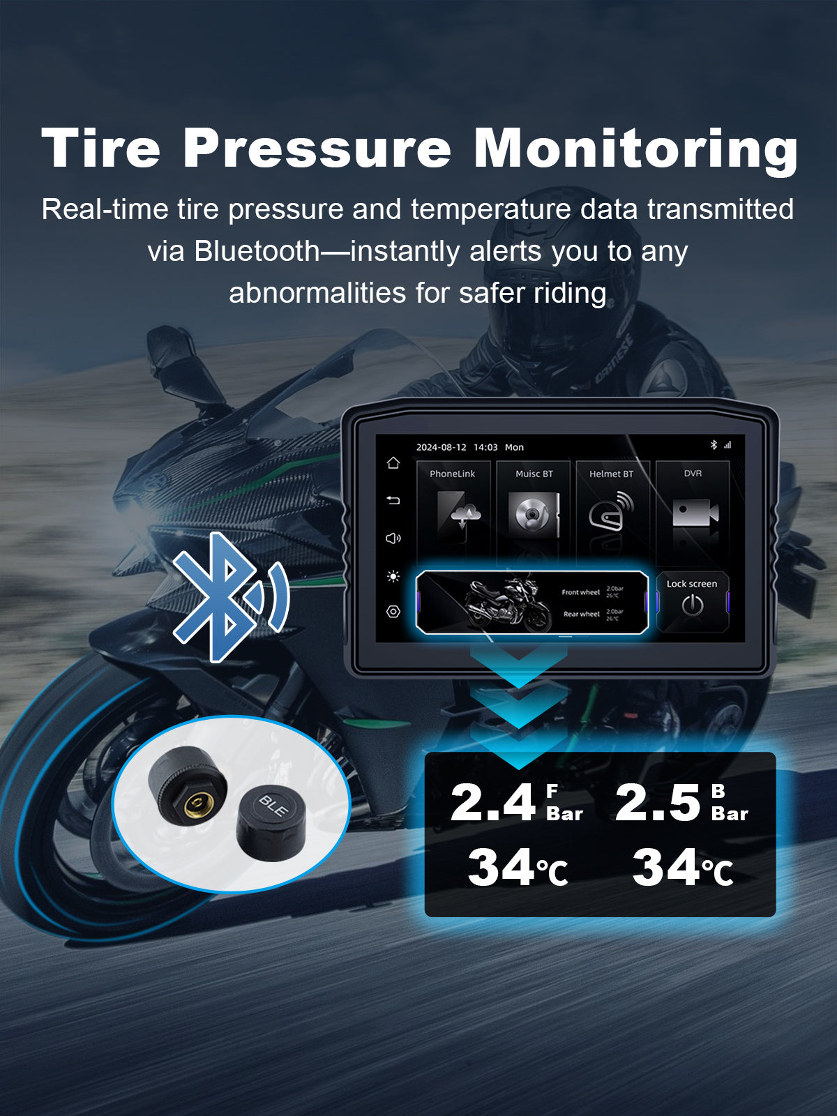Linkifun MT8 motorcycle navigation screen with real-time Bluetooth tire pressure monitoring system (TPMS), showing live pressure and temperature alerts for safer riding