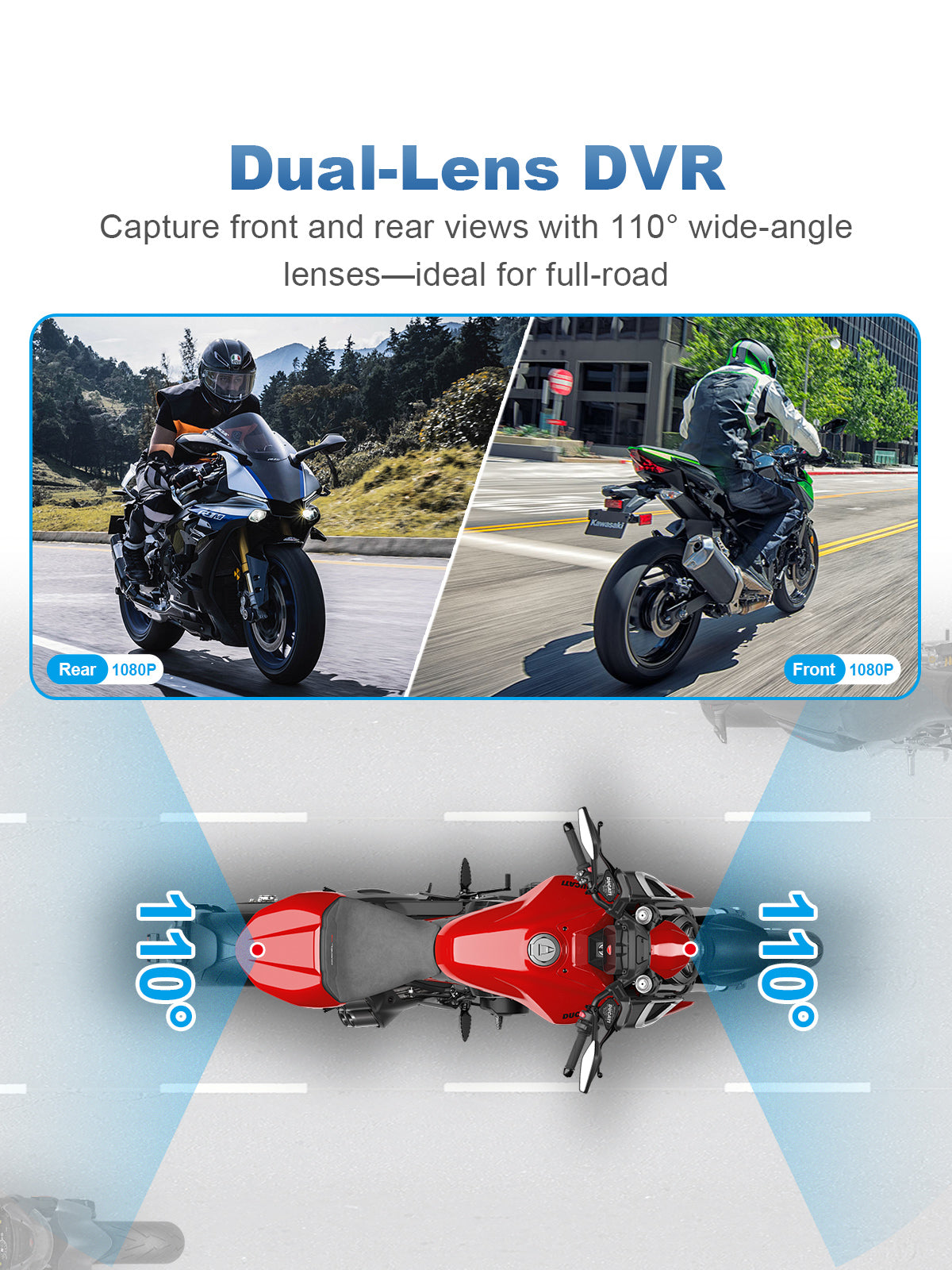 Linkifun MT8 motorcycle navigation screen with dual 1080P DVR front and rear recording, featuring 110-degree wide-angle lens coverage for scenic rides and safety evidence