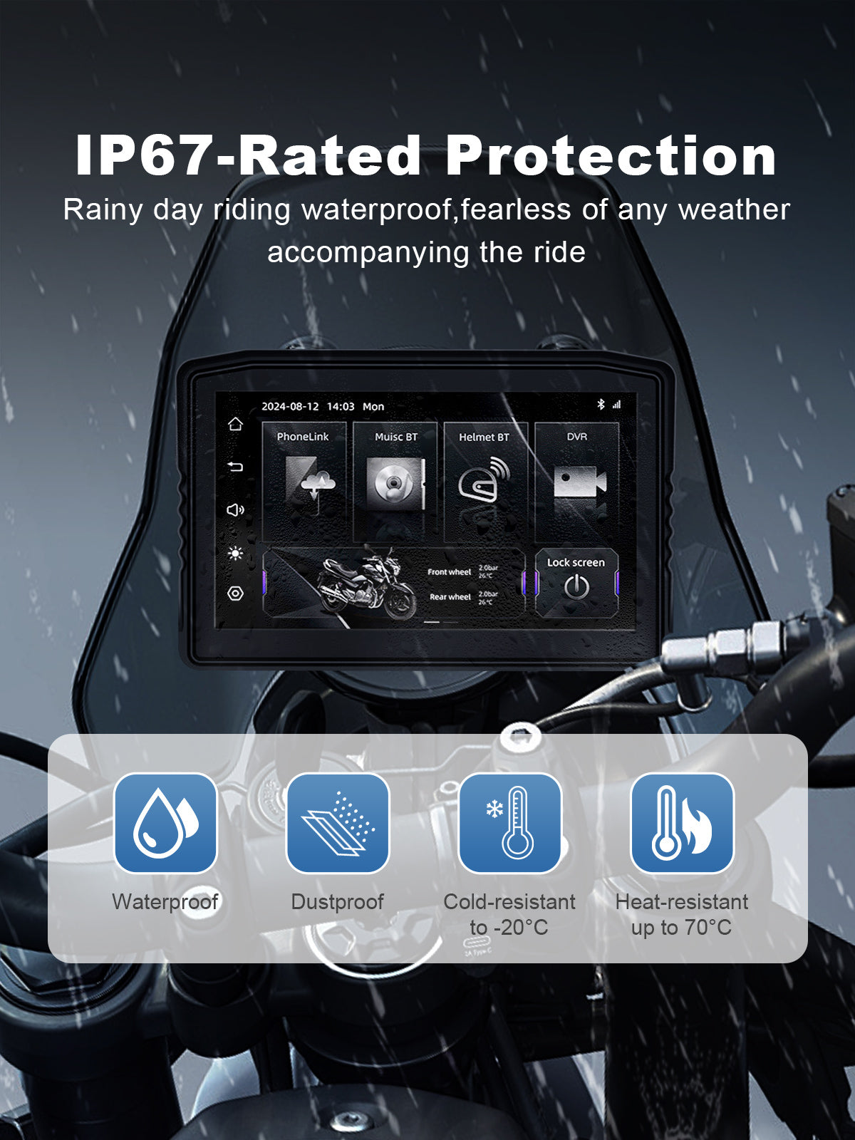 Linkifun MT8 motorcycle navigation screen with IP67 waterproof and dustproof protection for reliable performance in rain, mud, and all-weather riding conditions