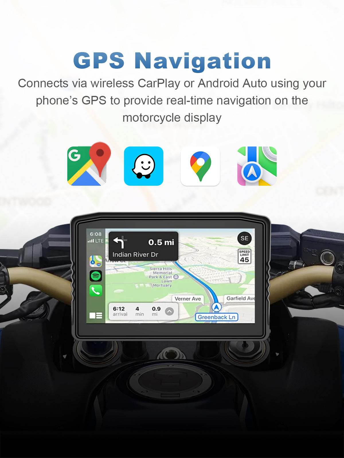 Linkifun MT8 motorcycle navigation screen with real-time GPS navigation via wireless CarPlay and Android Auto, displaying Google Maps and Apple Maps for safer riding