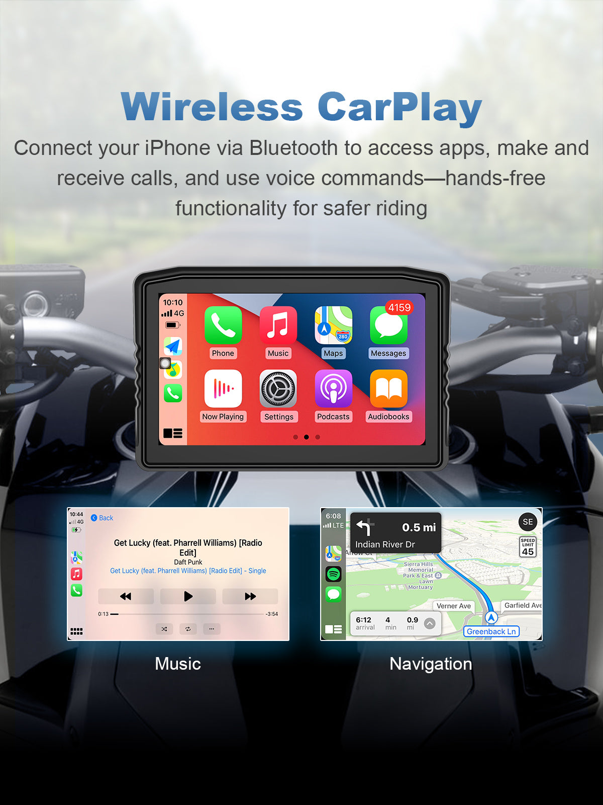 Linkifun MT8 motorcycle navigation screen with wireless Apple CarPlay for iPhone users, supporting Apple Maps, Siri voice control, music streaming, and calls