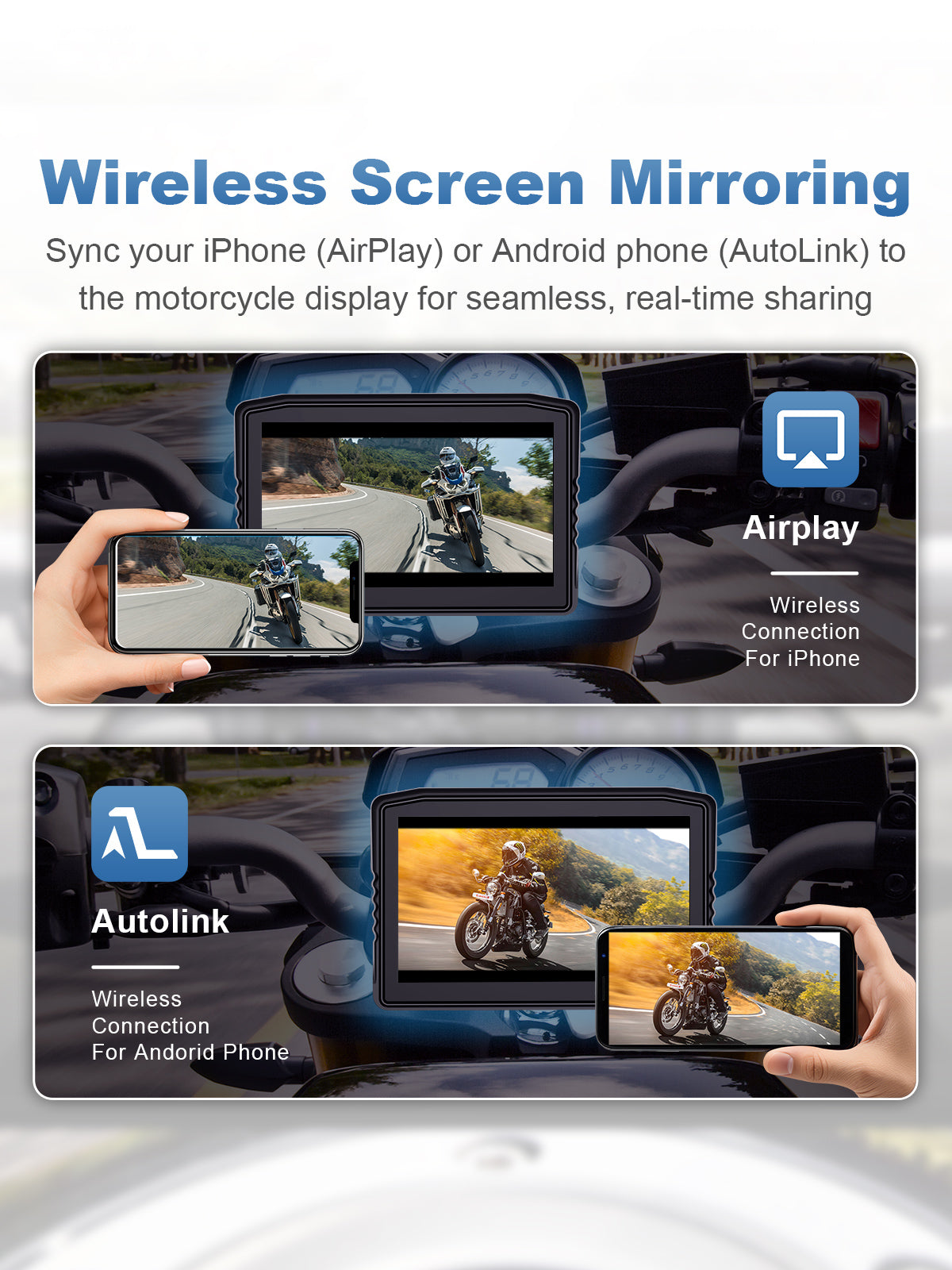 Linkifun MT8 motorcycle navigation screen with wireless screen mirroring, supporting AirPlay for iPhone and AutoLink for Android to project GPS, videos, and ride stats without cables