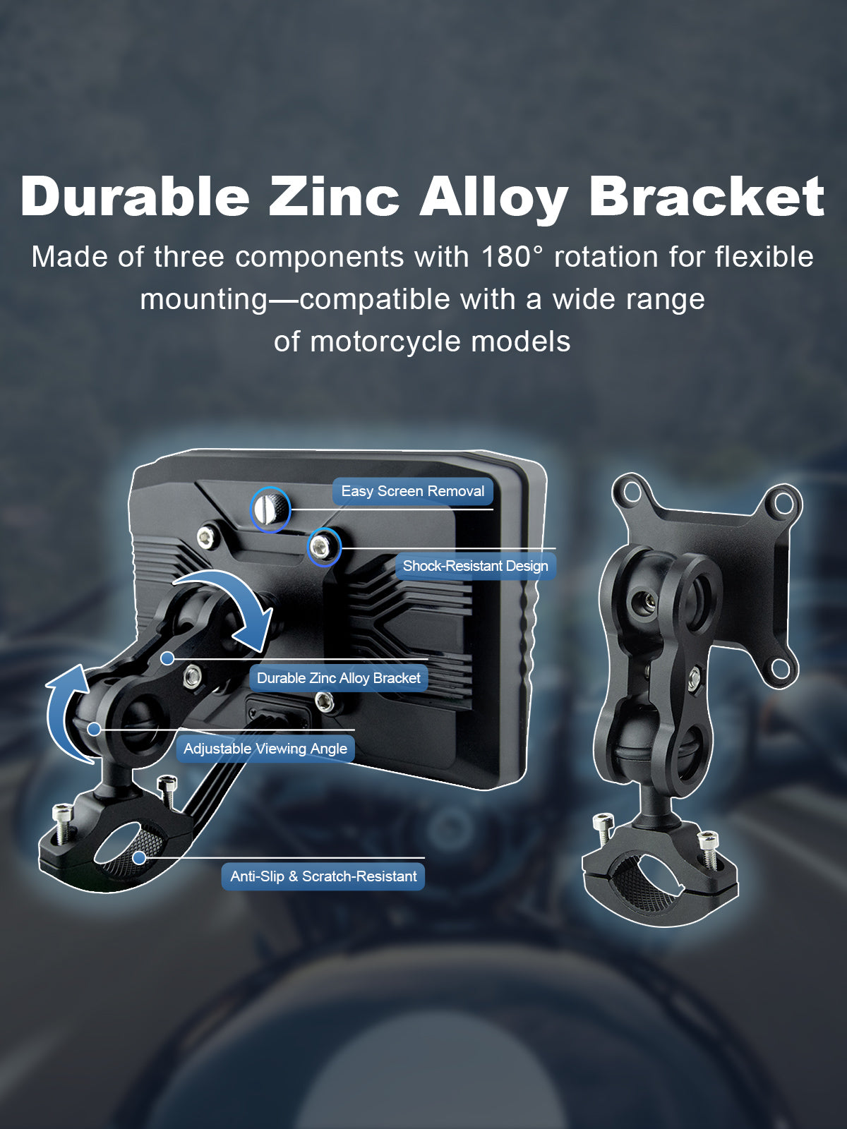 Linkifun MT8 motorcycle navigation screen with durable zinc alloy mount, offering 180-degree rotation for flexible adjustment and stable installation on various motorcycles