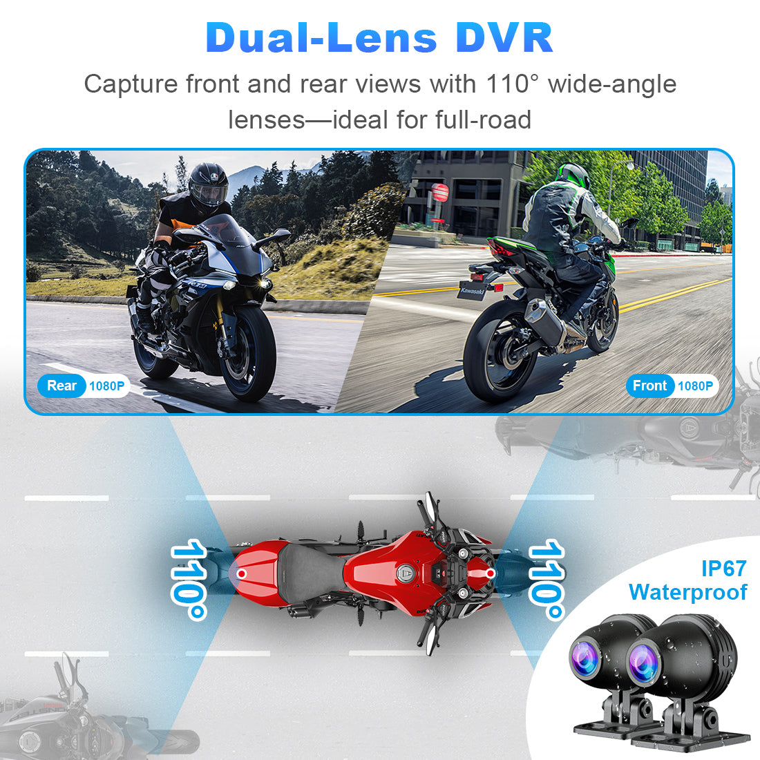 MT8 motorcycle display with dual 1080P front and rear DVR cameras for wide-angle ride recording and road safety