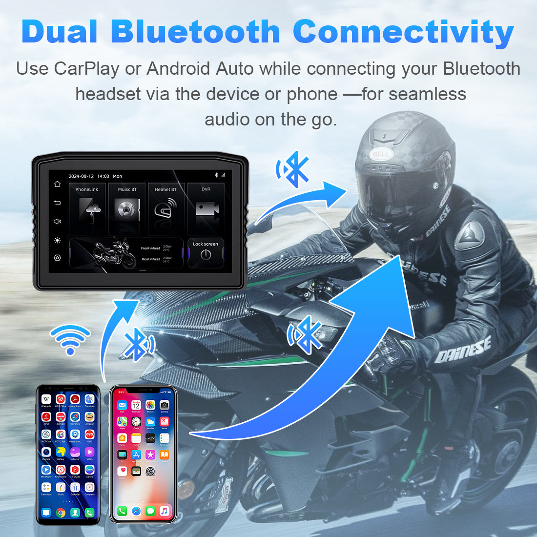 Motorcycle navigation screen with built-in dual Bluetooth for connecting both smartphone and helmet headset